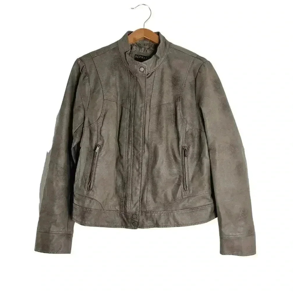 Bernardo Cool Toned Taupe Tan Faux Leather Moto Jacket Women's Size XL